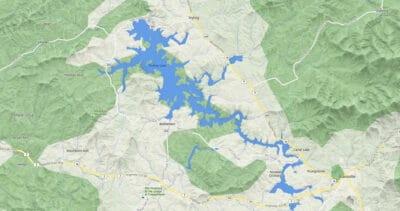 A map showing Carters Lake, the river feeding it, and the nearby regulation reservoir